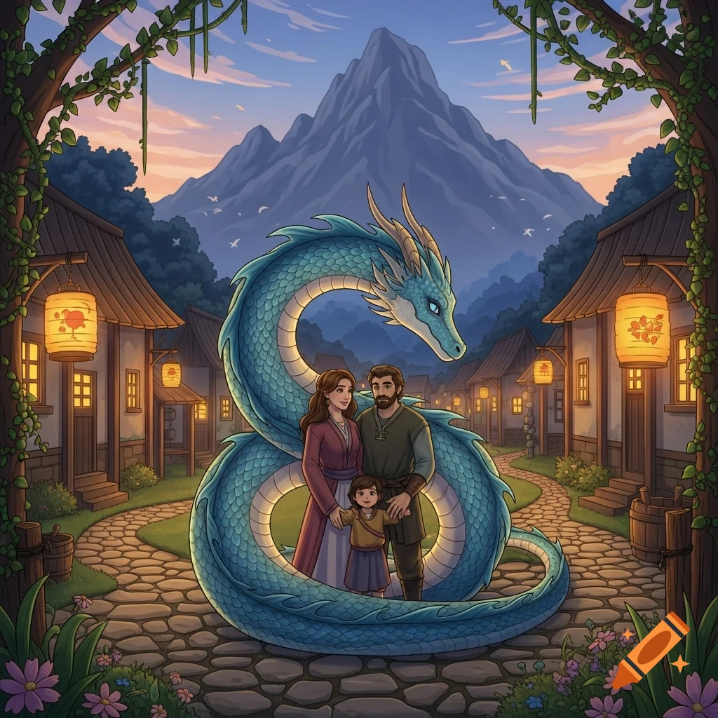 A storybook illustration of a family and a large blue dragon in a peaceful village at dusk, with a mountain in the background.