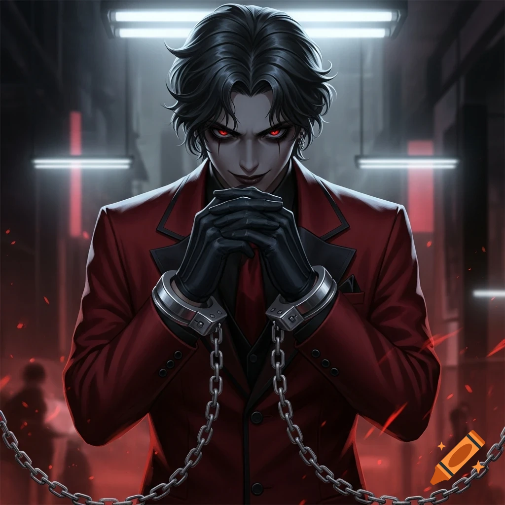 An anime-style villain with glowing red eyes, dark hair, wearing a red suit and black gloves, with chained handcuffs on his wrists.