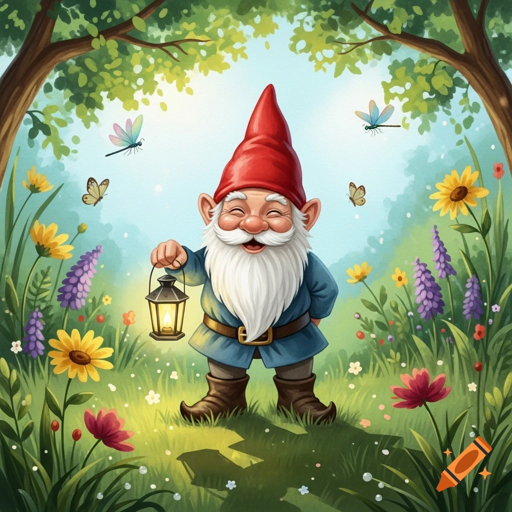 A smiling gnome with a red hat and white beard holds a lantern in a lush, colorful garden with flowers and trees, in an illustration style.