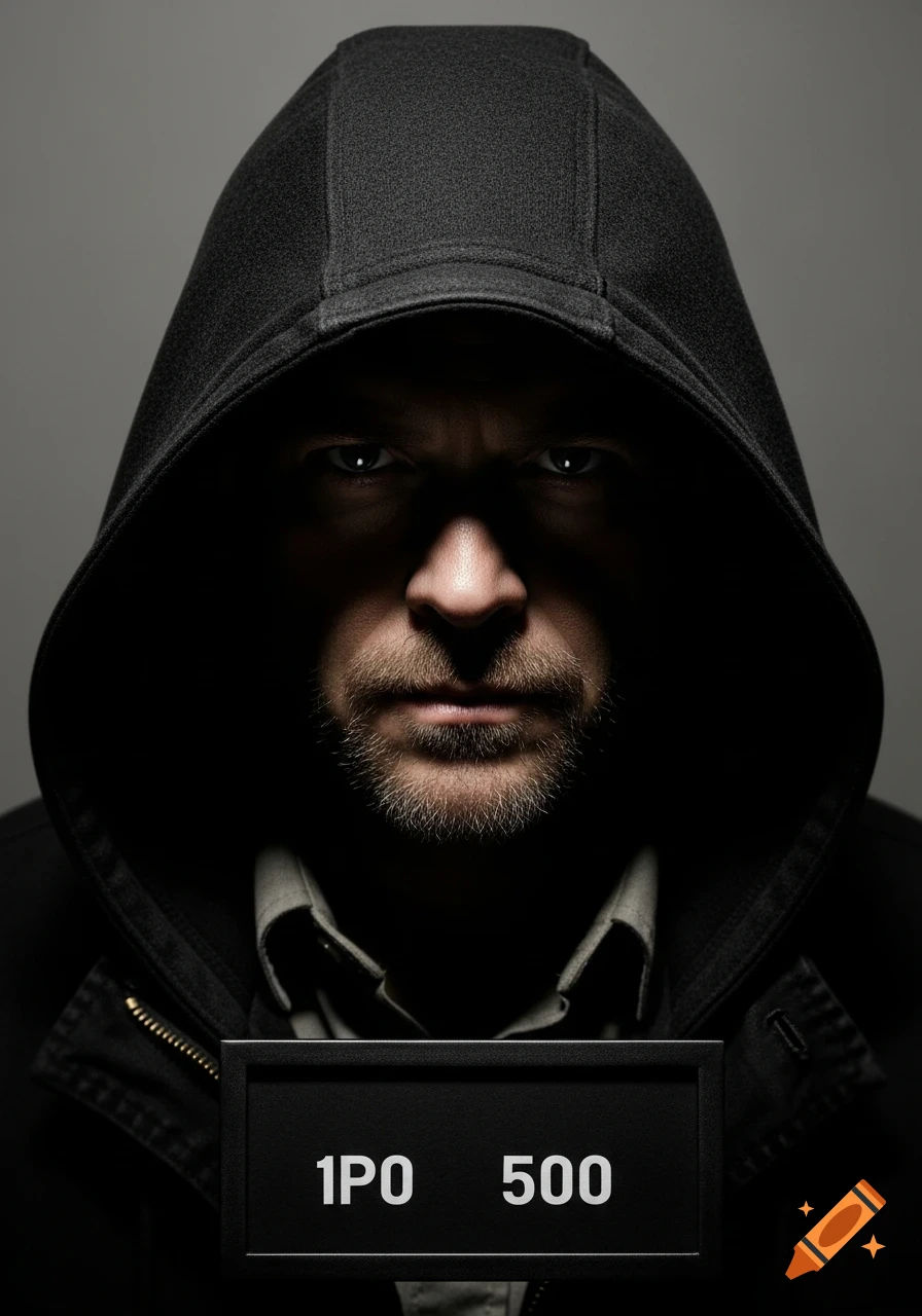 Photorealistic portrait of a serious man in a black hoodie, face in shadow, holding a mugshot sign that reads "1PO 500".