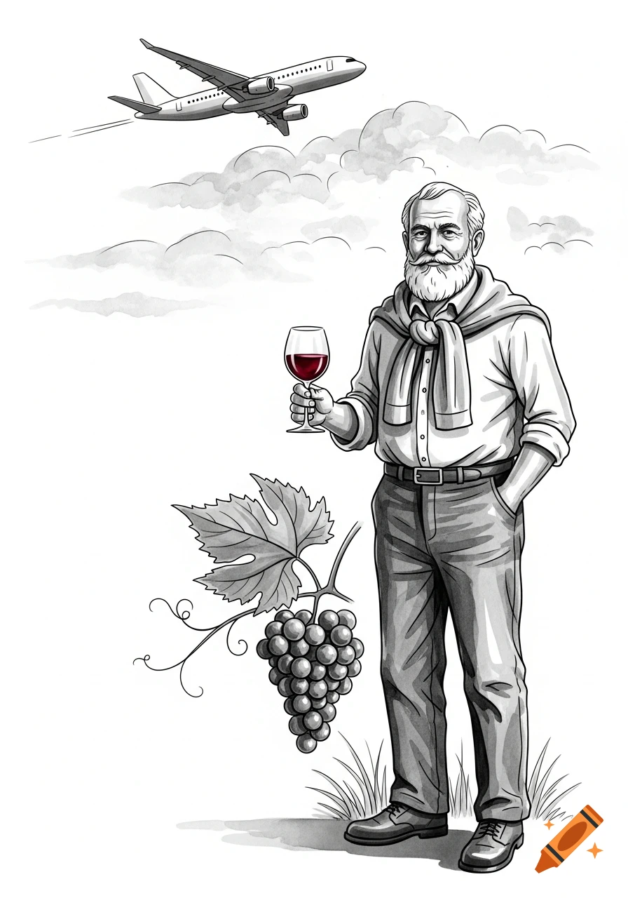 Black and white illustration of a bearded man holding a glass of red wine, with grapes and an airplane in the sky.
