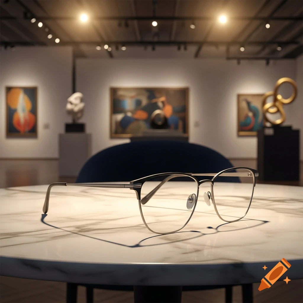A pair of metal-framed glasses rests on a white marble table in a blurred art gallery, photorealistic style.