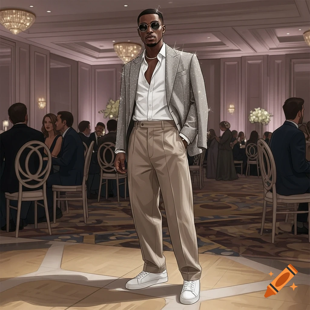 A stylish Black man in a sparkling grey blazer, white shirt, beige trousers, and white sneakers stands in an illustrated ballroom scene.