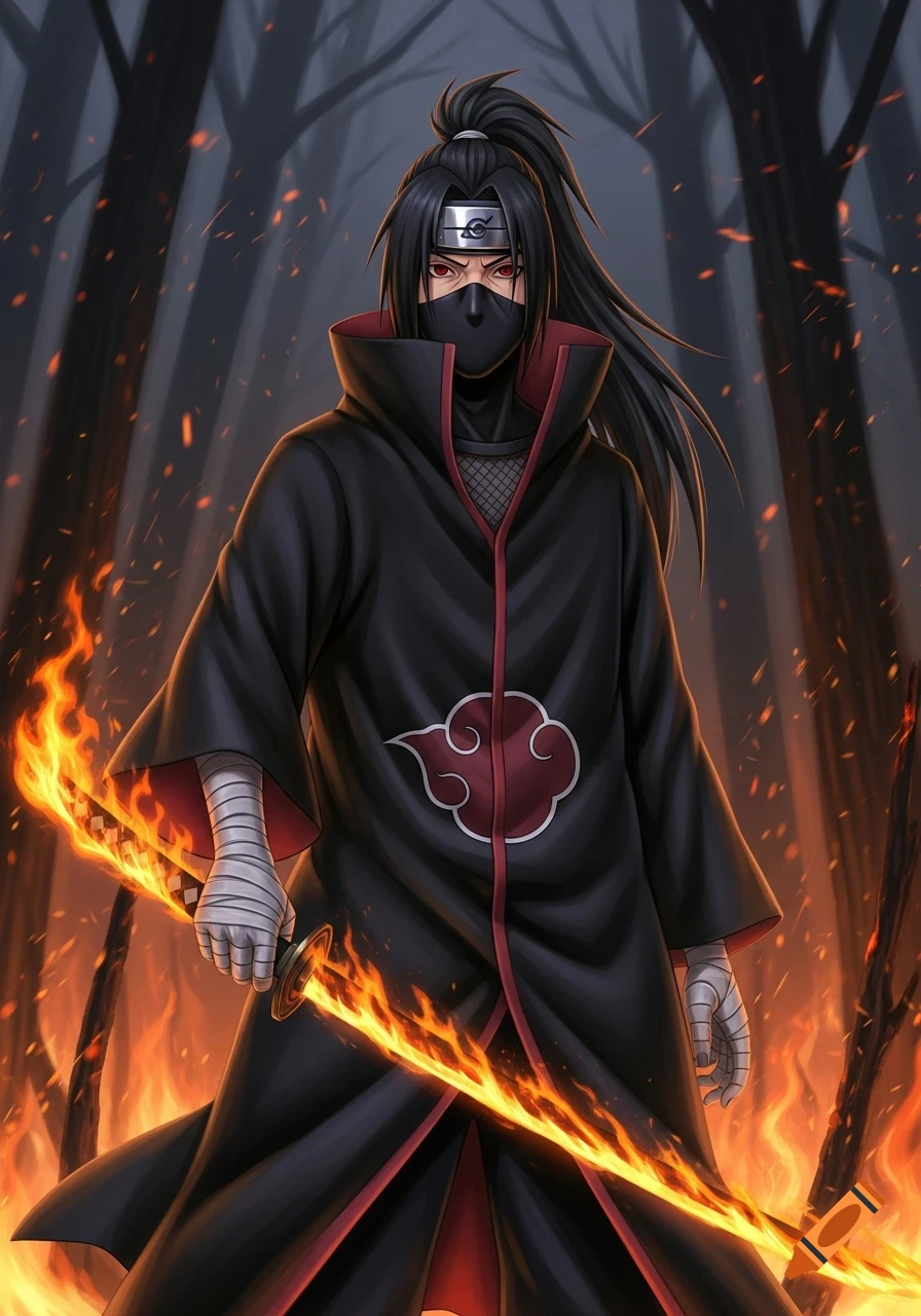 Anime character Itachi Uchiha from Naruto, with black hair and a ponytail, wearing a black cloak and face mask, holding a flaming katana in a burning forest.