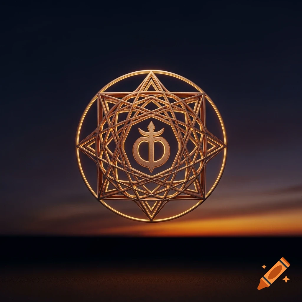 A glowing, intricate gold geometric sacred symbol centered against a dark sunset sky.