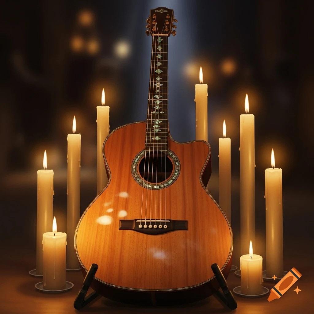 Photorealistic acoustic guitar surrounded by ten glowing lit candles in a dark, warm setting.
