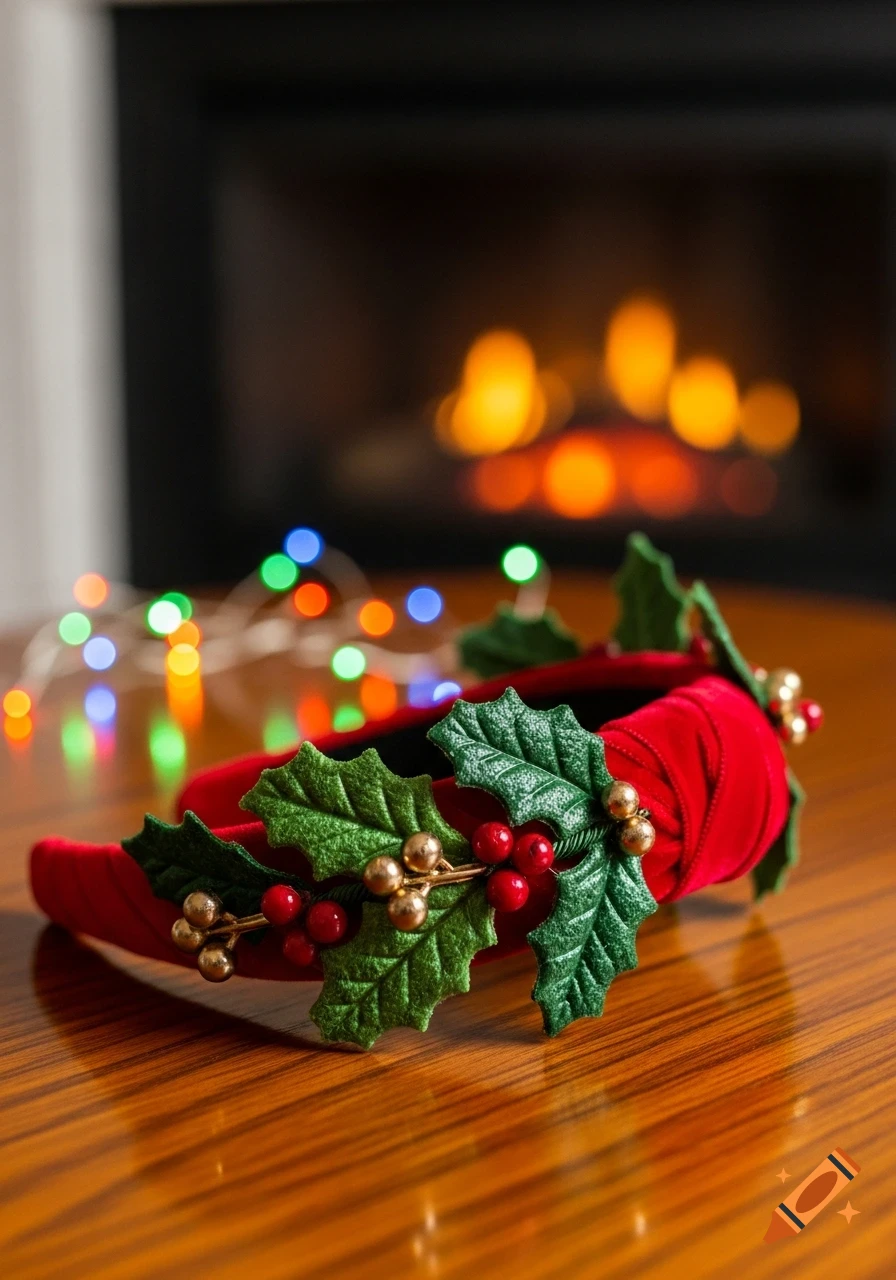 Red velvet Christmas headband with holly leaves, red berries, and gold beads on a wooden table, lights and fireplace in background.