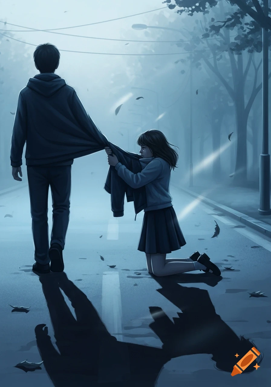A girl kneels, clutching the jacket of a boy walking away in a sad, foggy blue street, in an anime illustration style.