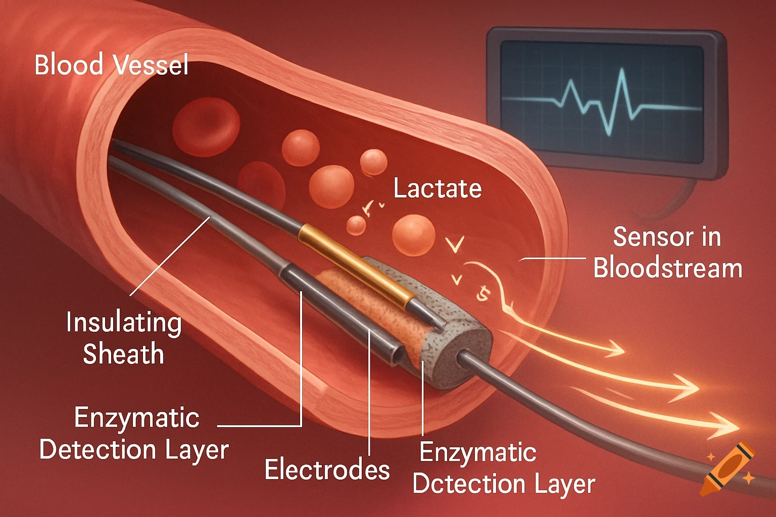 Diagram of an intravascular electrochemical lactate sensor inside a blood vessel, showing components like electrodes and enzymatic layers, with a monitor displaying readings.