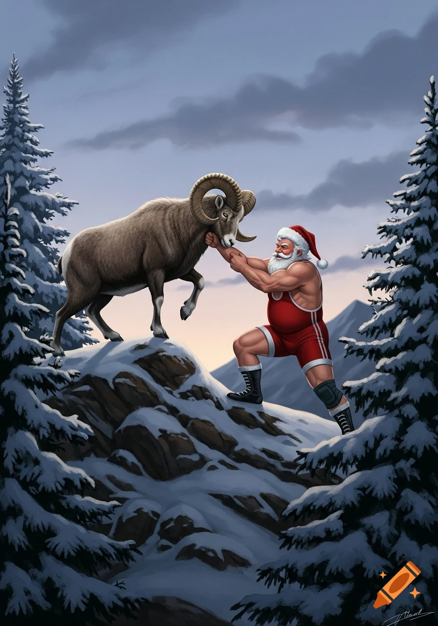 Muscular Santa in a wrestling singlet grapples a bighorn ram on a snowy mountain. Digital illustration of a humorous winter scene.