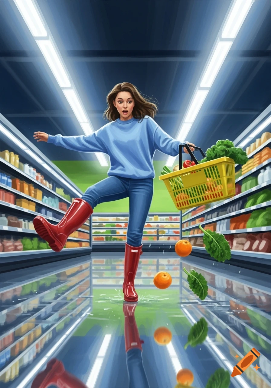 An illustration of a woman in red rain boots slipping on a wet supermarket floor, spilling oranges and greens from her yellow shopping basket.