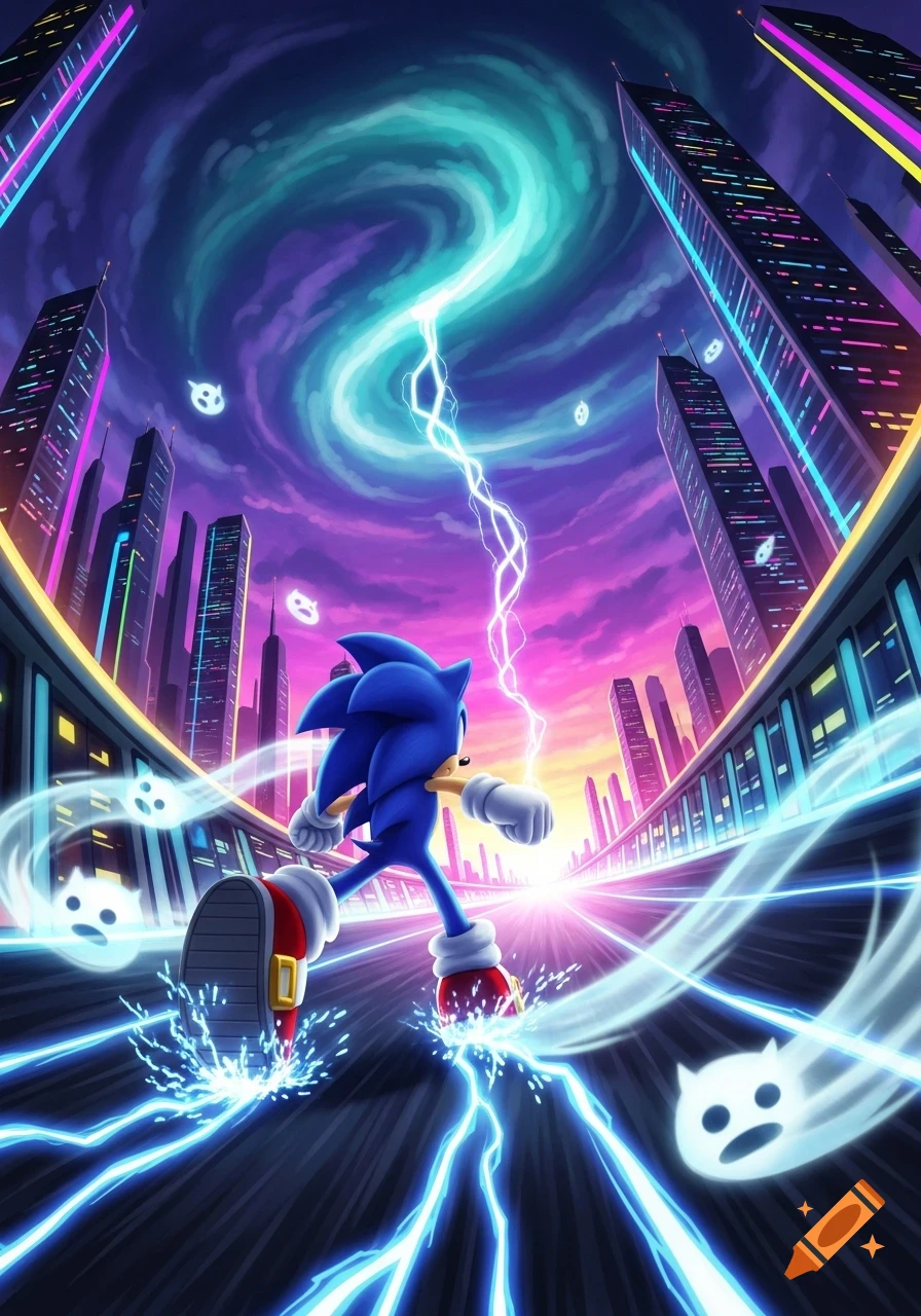 Sonic the Hedgehog runs through a vibrant neon-lit futuristic city at sunset, leaving glowing energy trails and lightning.