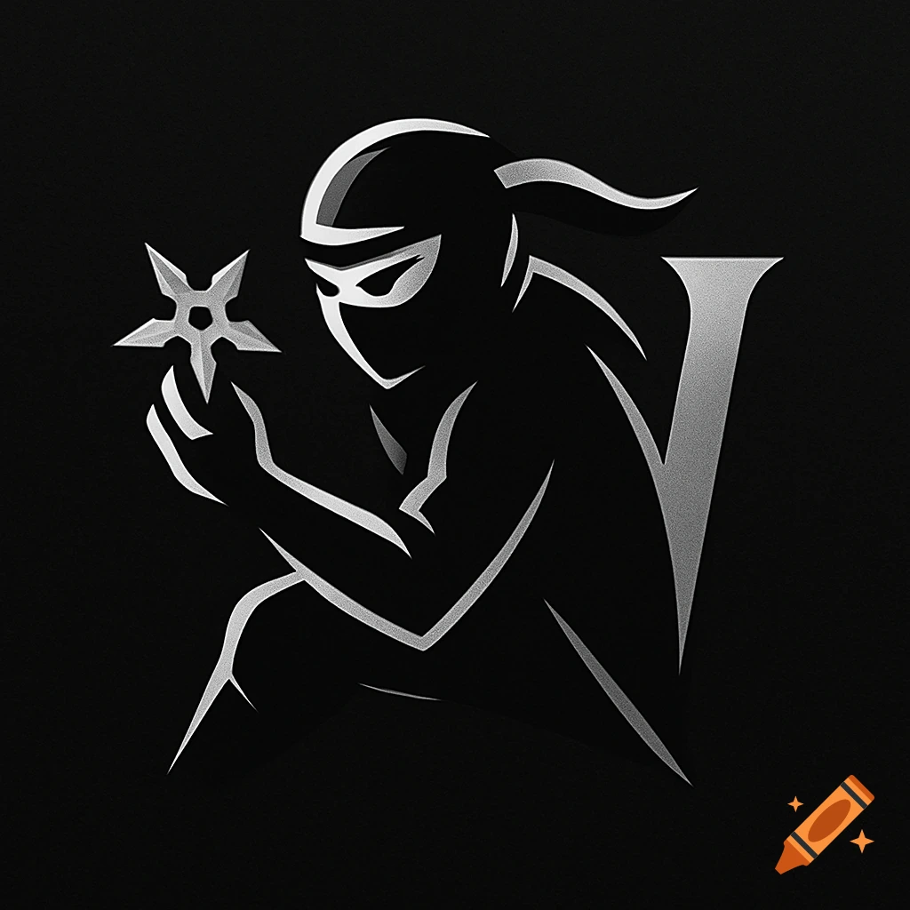 A minimalist, monochrome logo illustration of a ninja holding a shuriken, with a large stylized letter 'V' in the background.