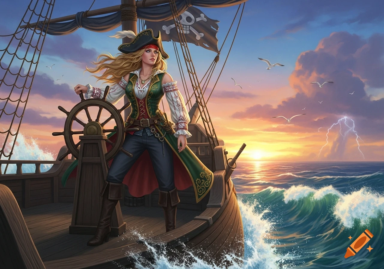 A blonde female pirate steers her ship under a stormy sunset sky with lightning and rough seas, digital art.