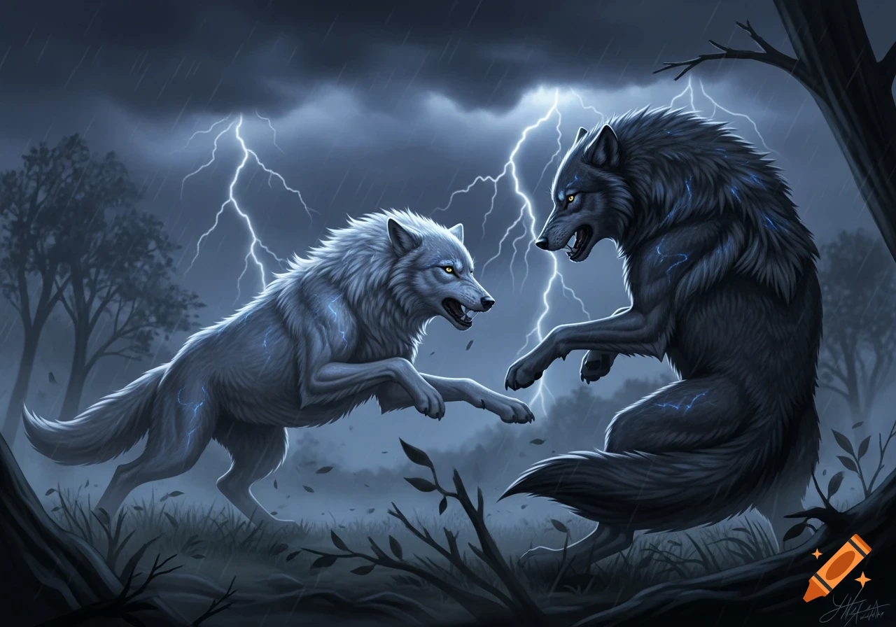 Two silver and dark grey wolves snarling at each other amidst a dramatic lightning storm in a dark, rainy forest.
