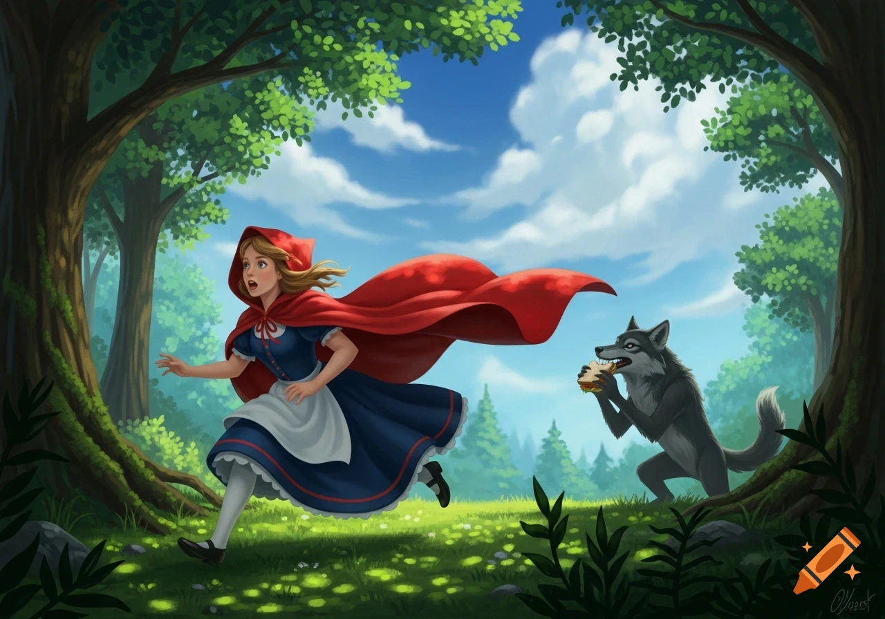 Little Red Riding Hood runs scared through a vibrant forest as a wolf casually eats a sandwich in the background. Illustrated.