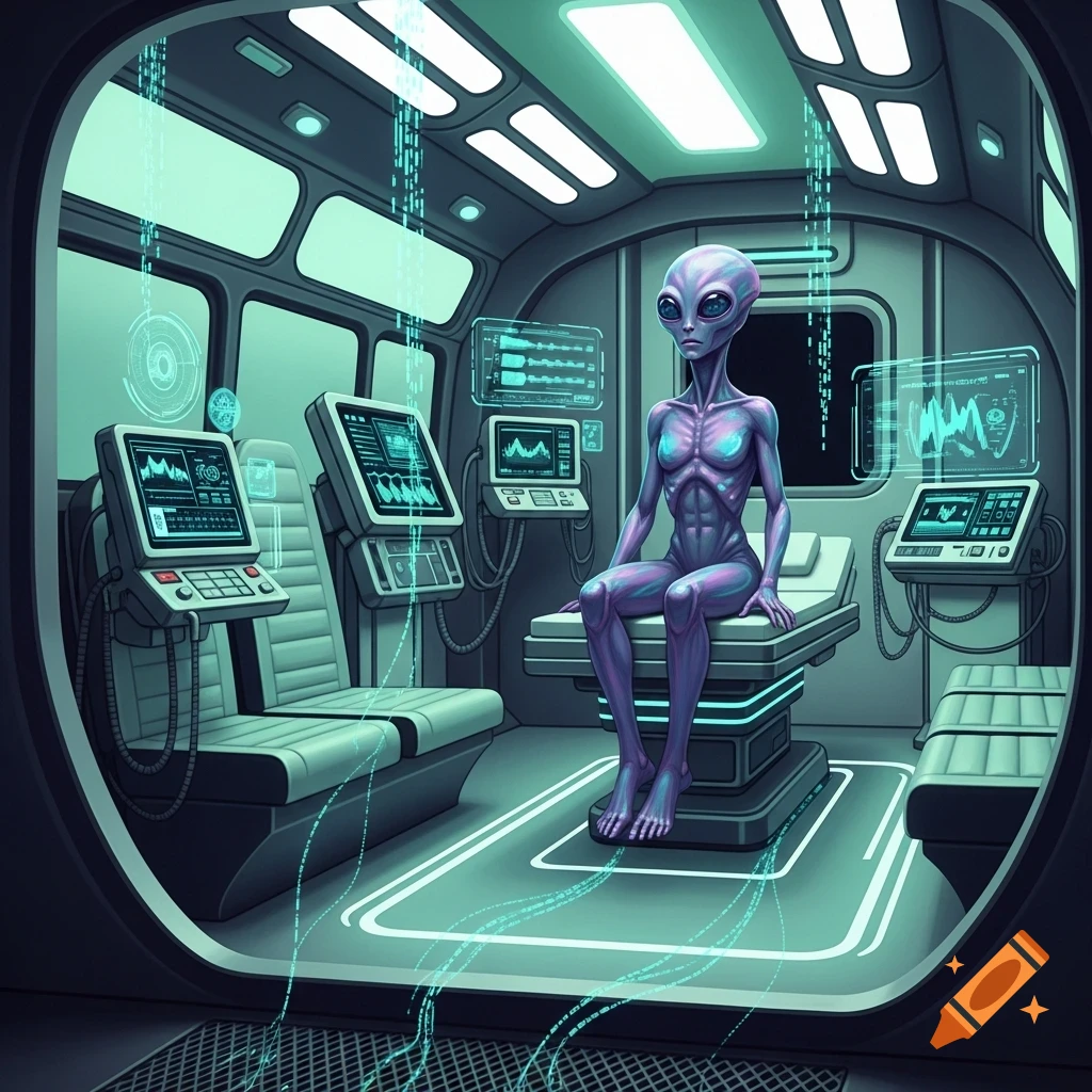 Stylized purple alien with large eyes sitting in a futuristic medical bay with glowing screens and equipment.