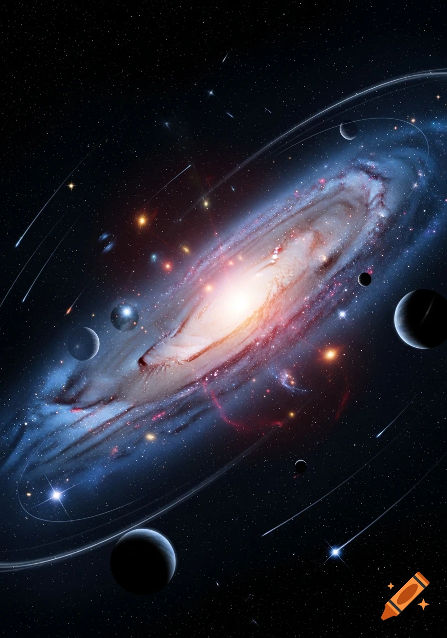 A vibrant galaxy with a bright core, surrounded by planets, stars, and meteors in deep space.