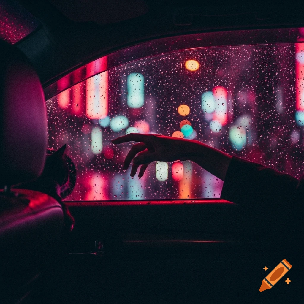 A hand reaches from a car window into a rainy neon night, blurring city lights in pink and blue, with a subtle cat silhouette.