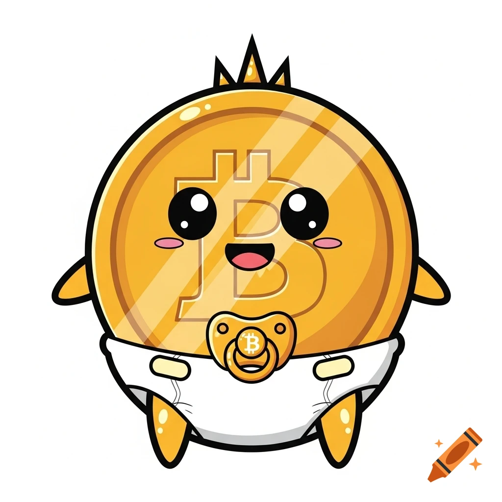 Cute cartoon baby Bitcoin coin with large eyes, a diaper, and a pacifier with a Bitcoin symbol.