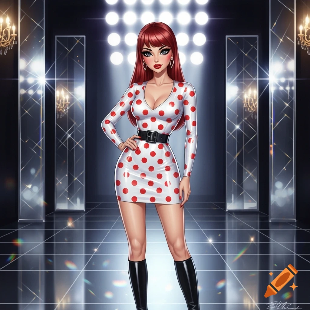 An illustrated glamorous lady with red hair in a white polka dot mini dress and black boots stands on a reflective floor before bright lights.
