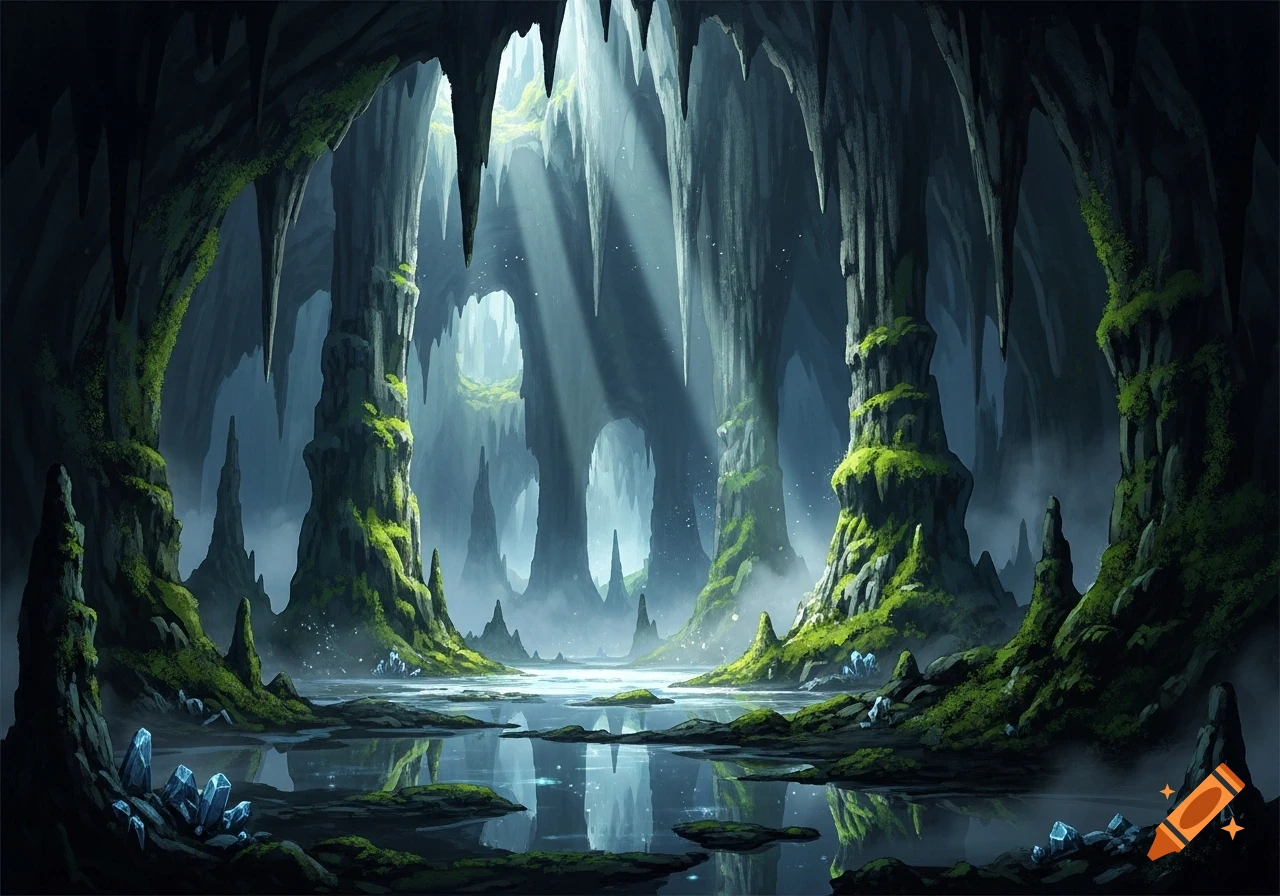A fantastical cavern with glowing crystals, still water reflecting tall stalagmites, and light streaming from above.