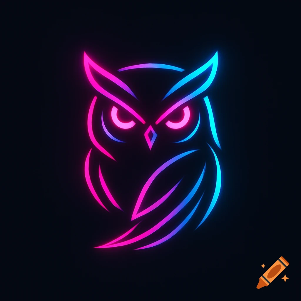 A stylized owl logo outlined in glowing pink and blue neon lines against a dark background.
