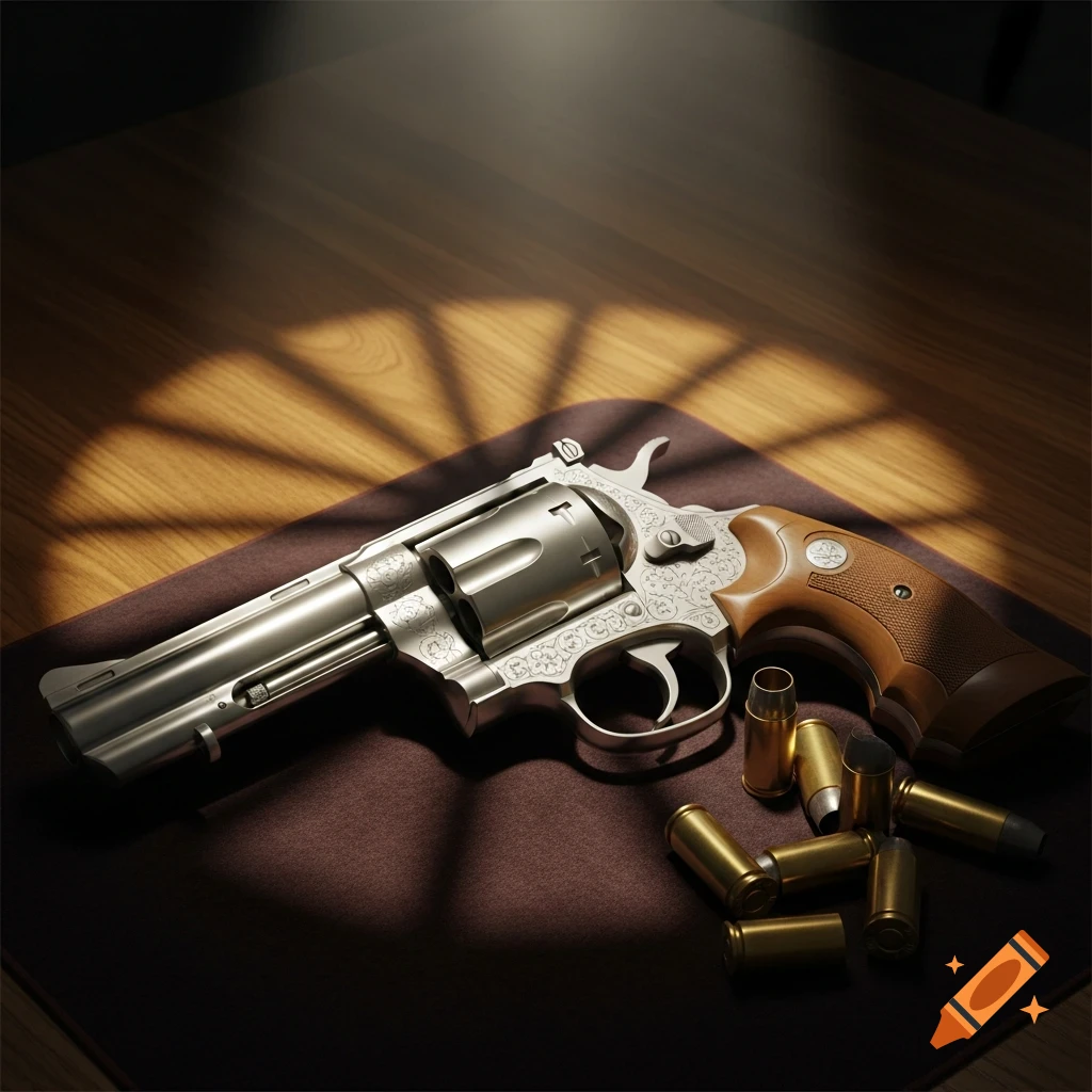 A photorealistic image of a silver revolver with a wooden grip and several brass bullets on a dark brown surface, under a window shadow pattern.