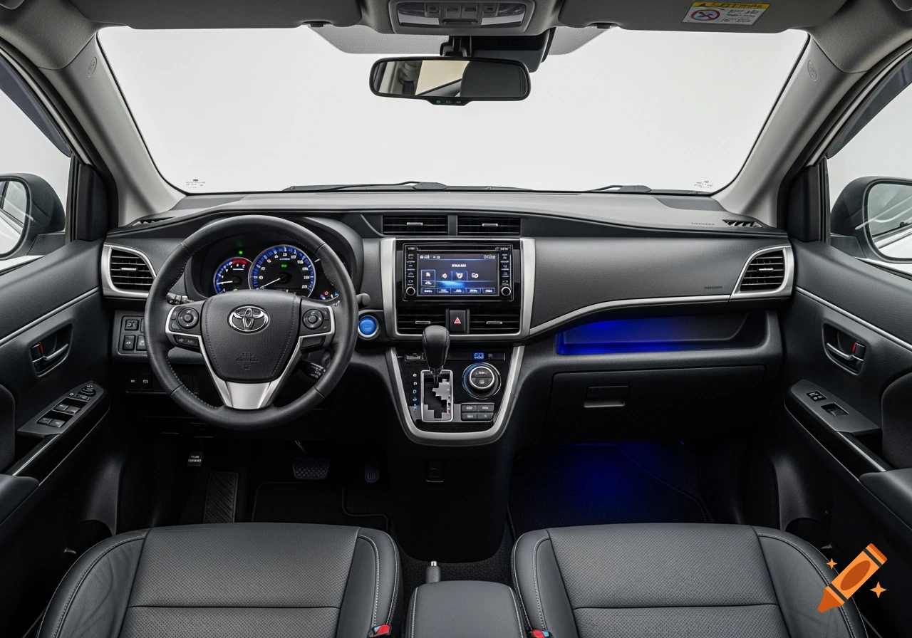 Detailed view of a 2015 Toyota car interior, showing the dashboard, steering wheel, infotainment screen, and front seats with blue ambient lighting.