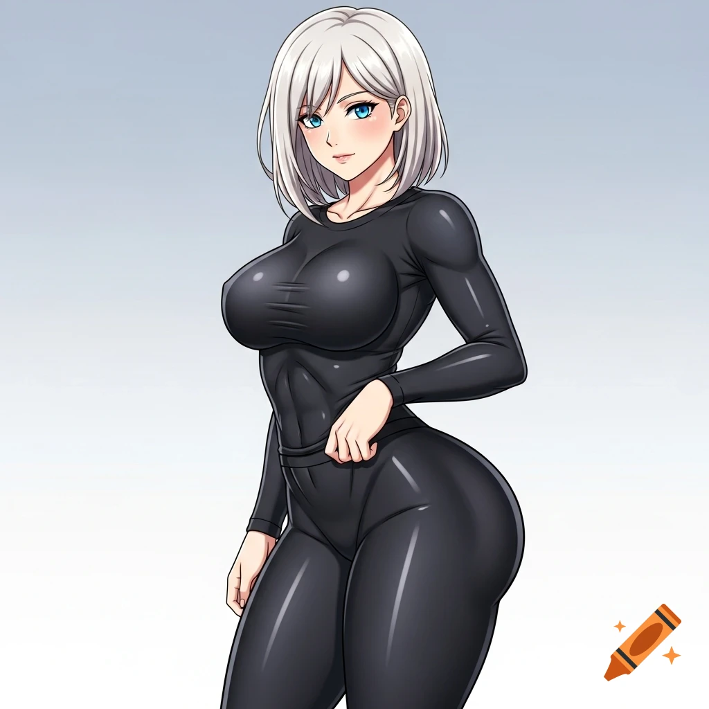 Anime woman with short white hair and blue eyes, wearing a sleek black compression outfit, posing confidently.