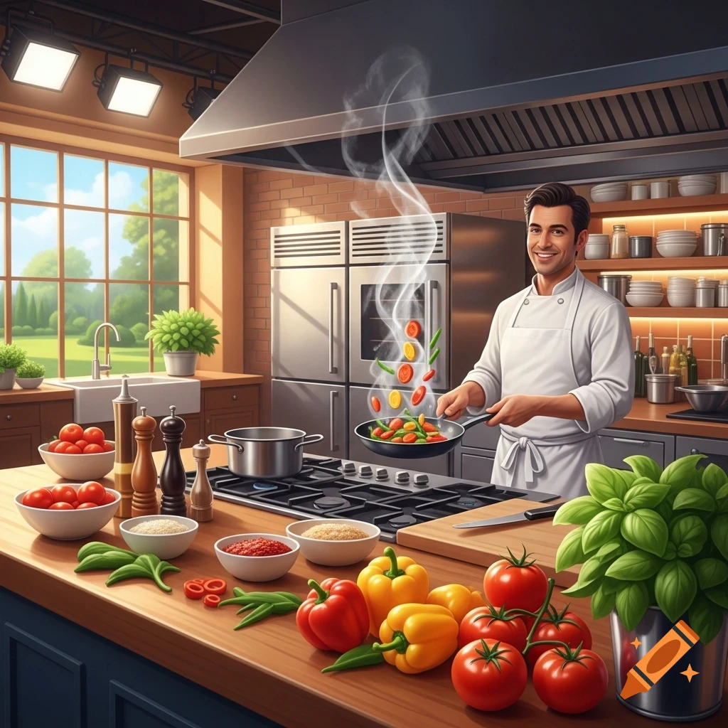 Smiling male chef in a white uniform tossing colorful vegetables in a pan in a modern kitchen with fresh produce.