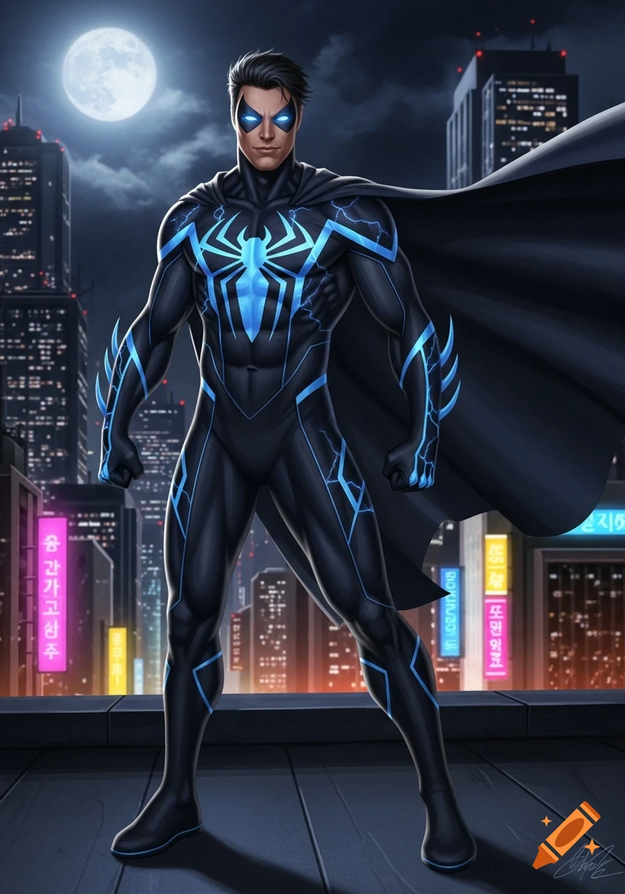 A handsome superhero in a black and blue suit with a spider emblem, cape, and glowing blue eyes stands on a city rooftop at night, comic art style.