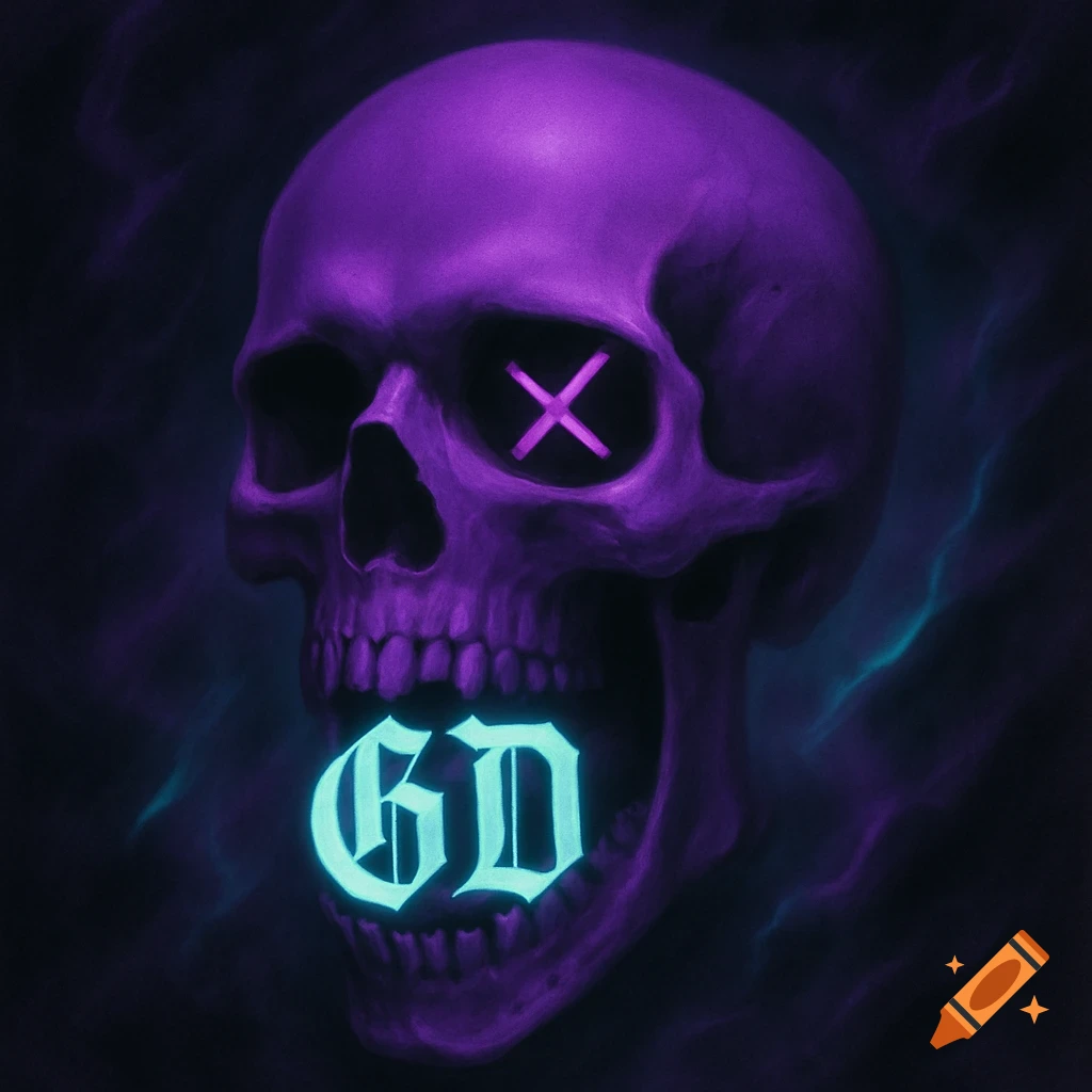 A purple skull with a glowing 'X' in one eye and glowing green 'GD' text in its open mouth.