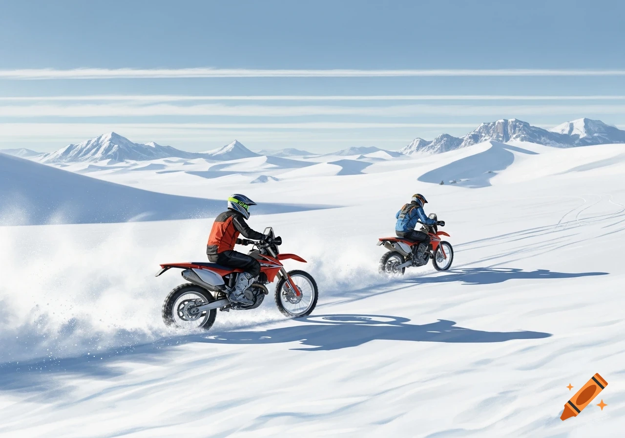 Two people on red dirt bikes ride through a vast, snowy desert landscape with mountains in the background under a clear blue sky.