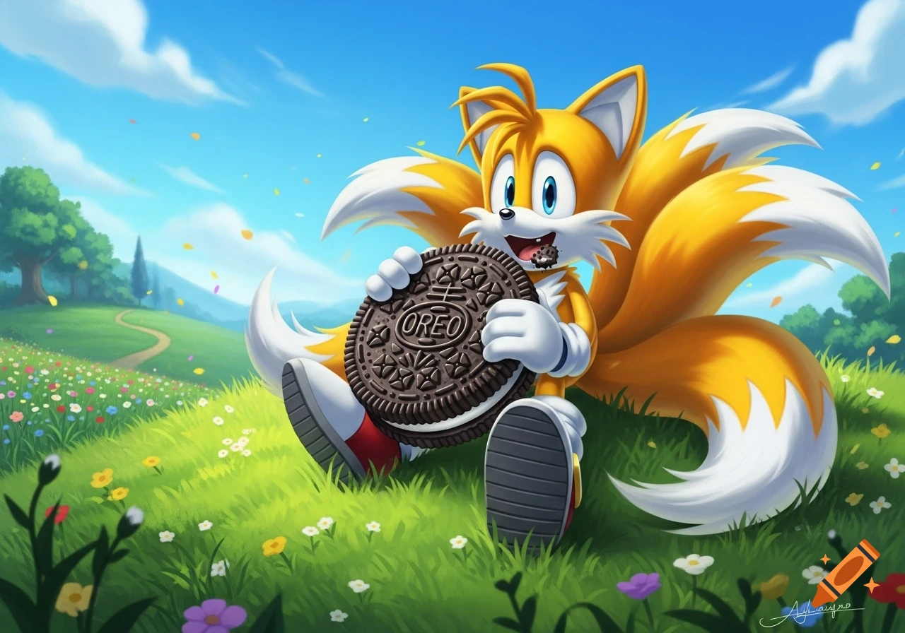 Tails the fox from Sonic the Hedgehog sits in a vibrant, sunny, flower-filled field, happily eating a giant Oreo cookie.