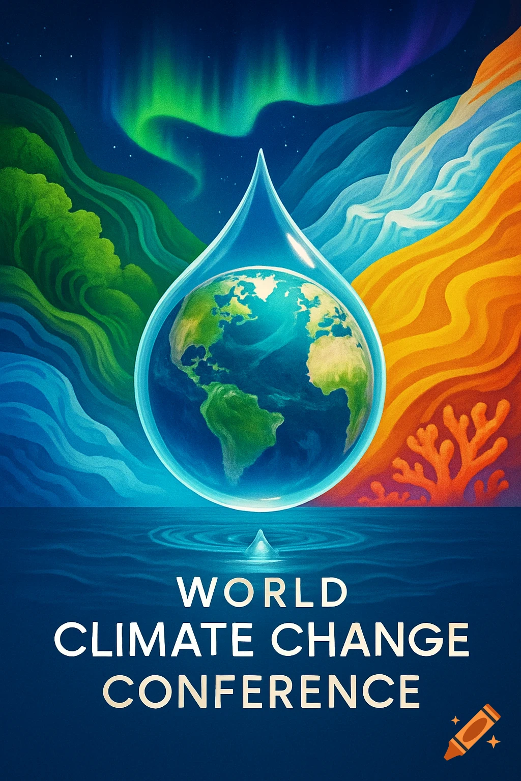 Vibrant stylized poster for a climate change conference, featuring Earth in a water droplet over an ocean, with environmental elements and aurora.