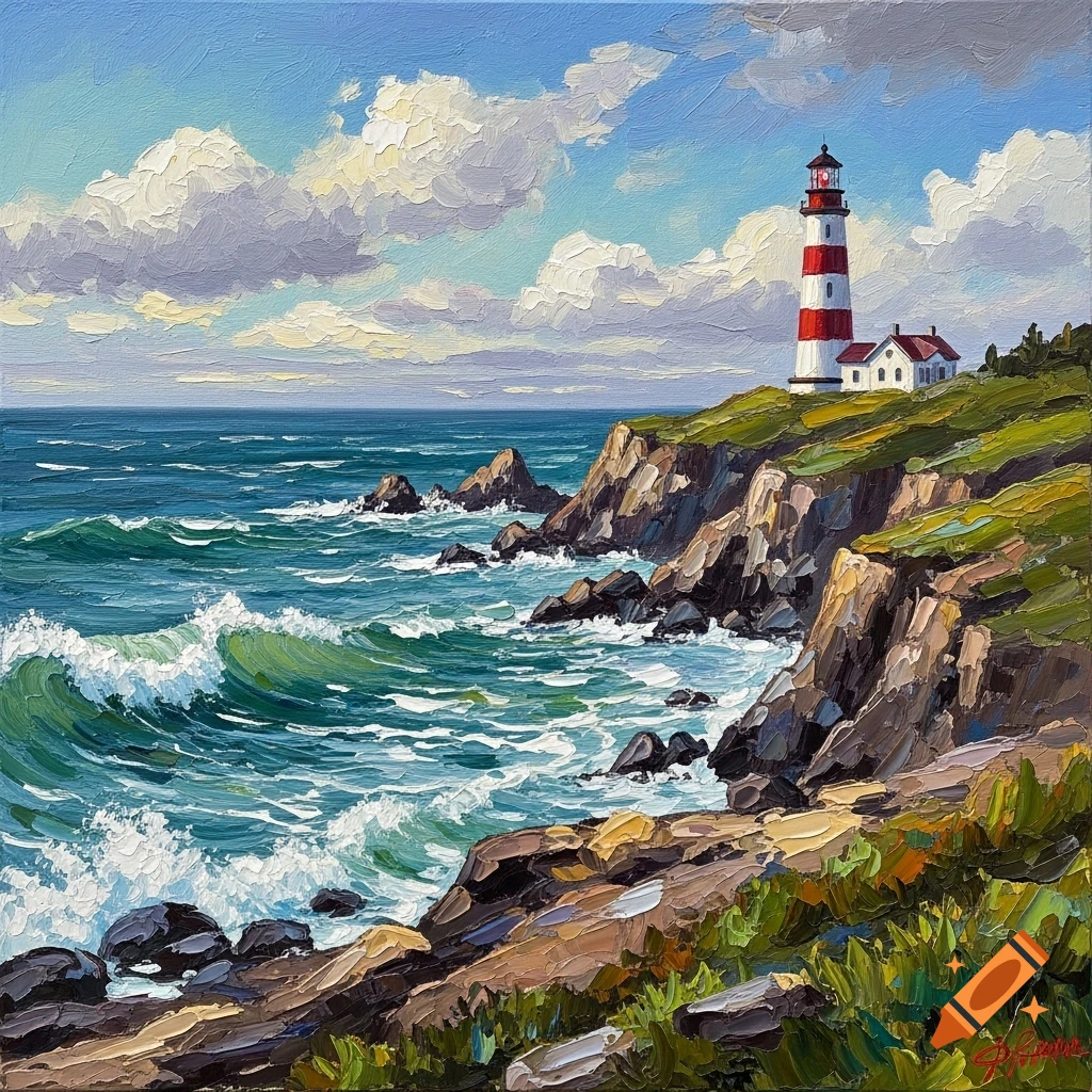 Impasto oil painting of a red and white lighthouse on a green cliff overlooking a stormy blue ocean with crashing waves.