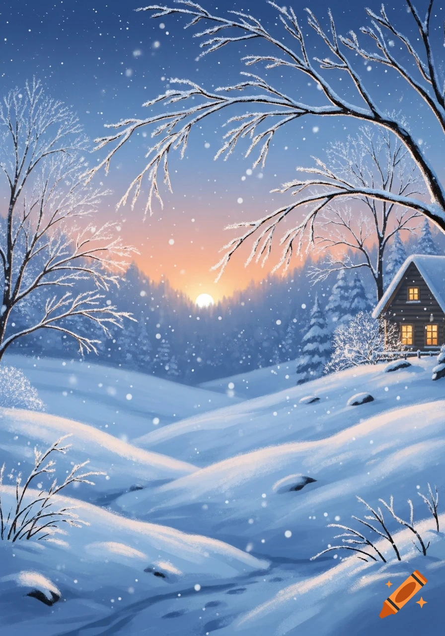 Stylized illustration of a snowy winter landscape with a rustic cabin, glowing windows, bare trees, and a sunset.