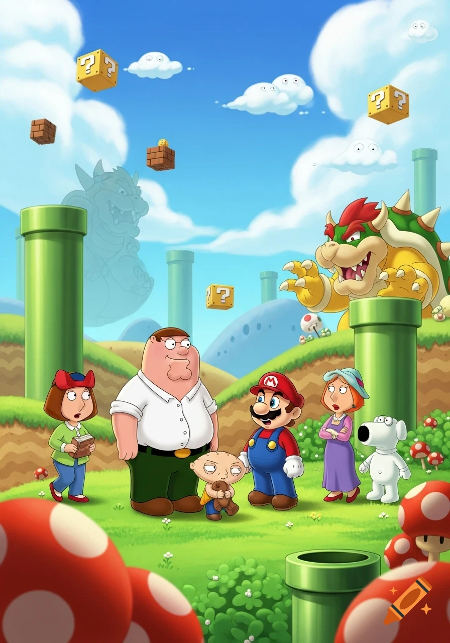 The Griffin family and Mario stand in a Super Mario landscape with Bowser, warp pipes, and question blocks in a bright cartoon style.