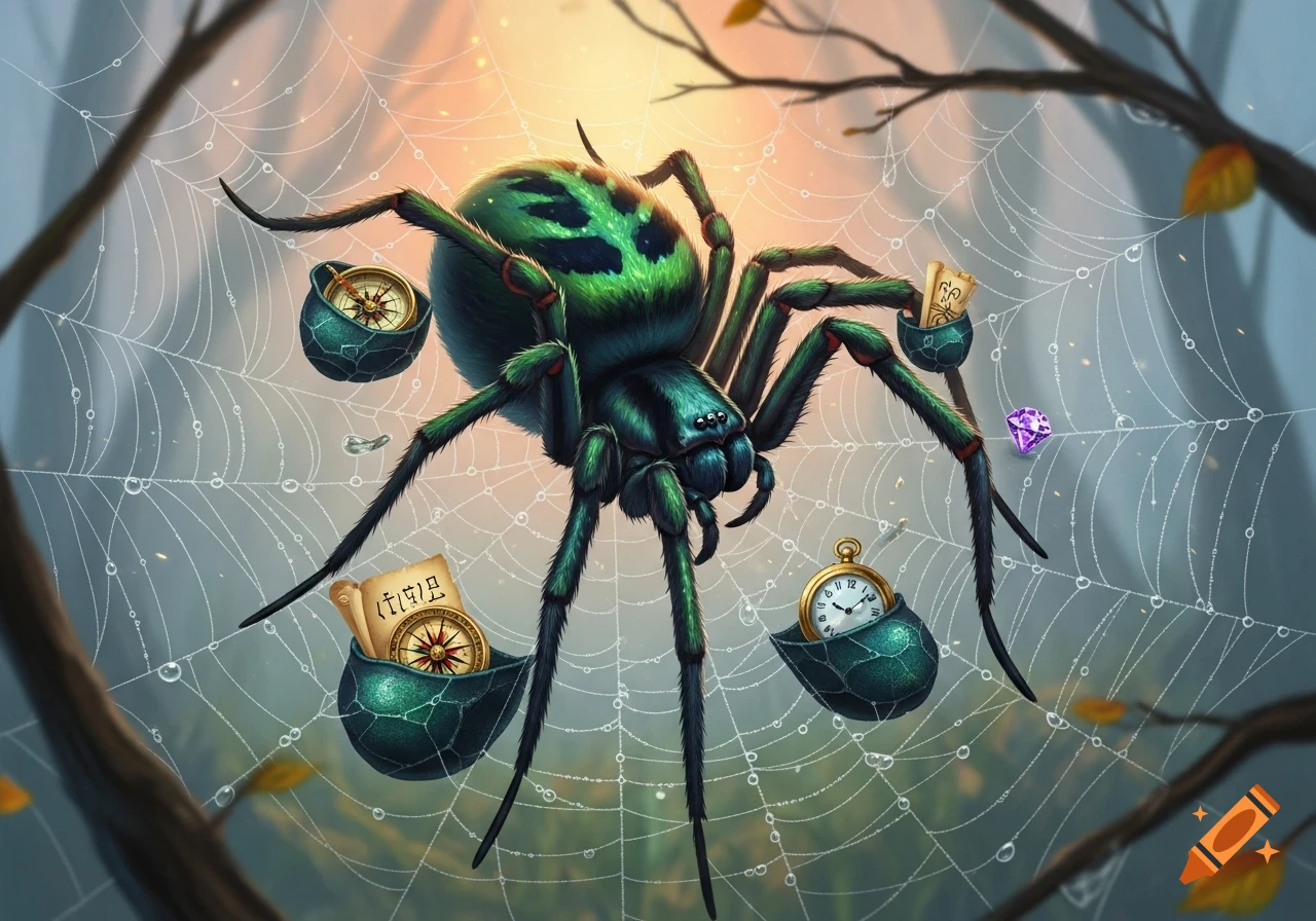 A vibrant green and black spider with fuzzy legs sits on a dew-covered cobweb, holding various treasures like compasses, scrolls, a pocket watch, and a purple gem in pouches attached to its legs, against a blurred forest background.