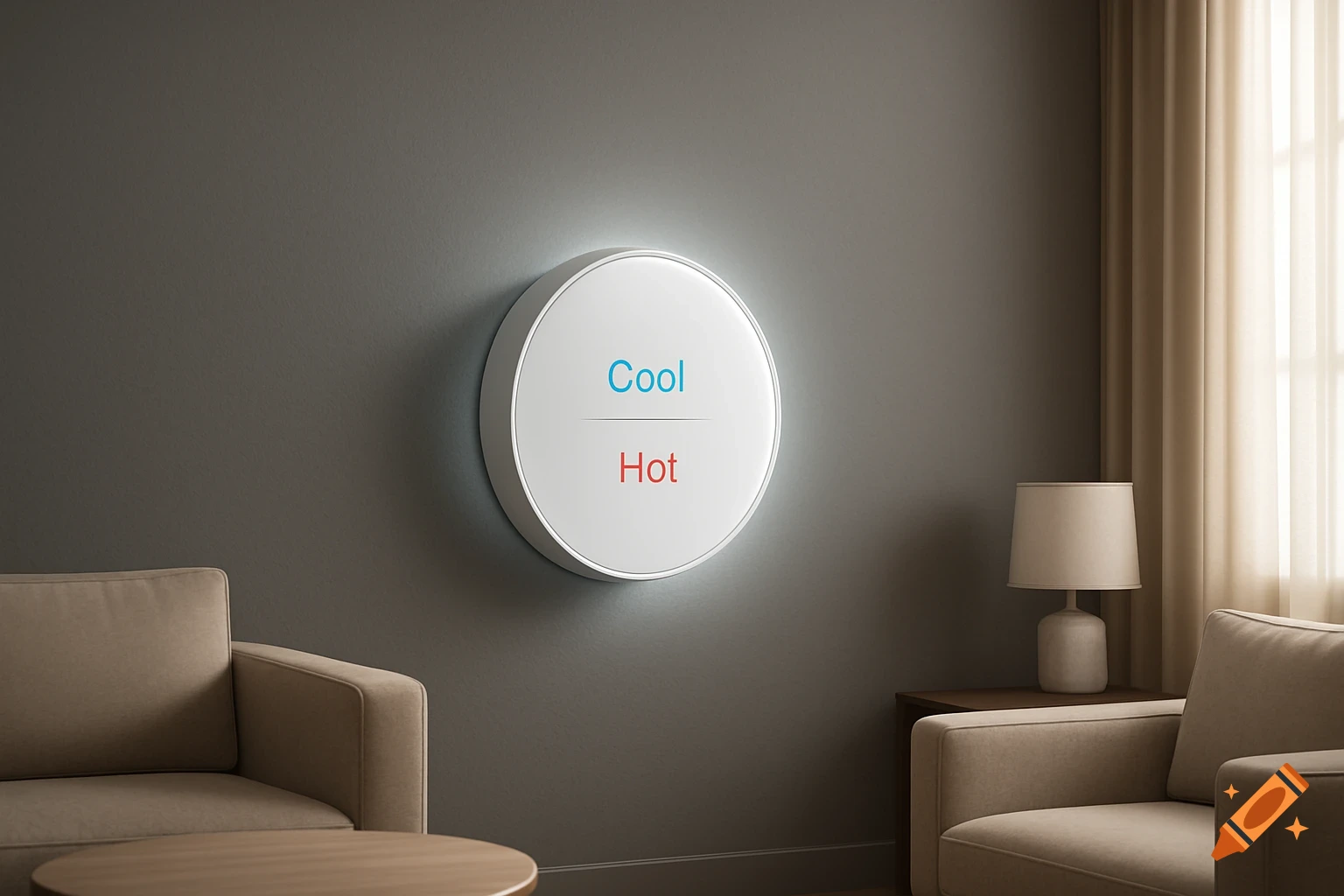 A modern white circular smart thermostat displaying 'Cool' in blue and 'Hot' in red, mounted on a gray wall in a minimalist room.
