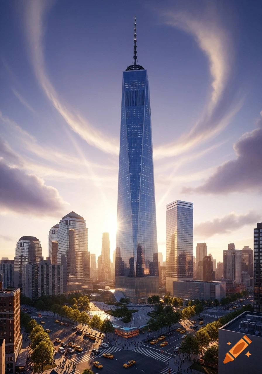 Photorealistic aerial view of One World Trade Center and a bustling New York City street during sunset, with ring-shaped clouds.