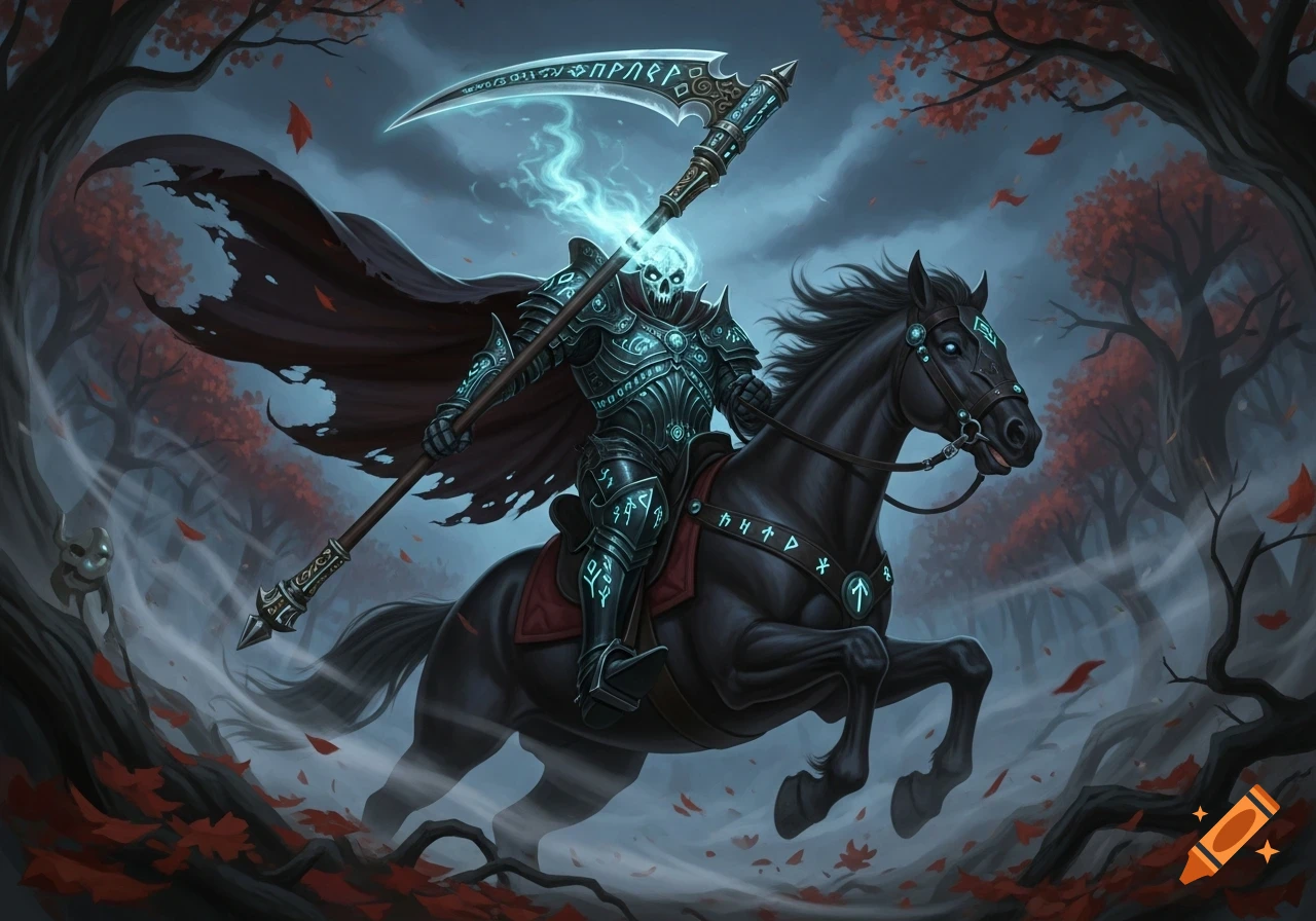 A skeletal, armored rider with a glowing scythe on a black horse gallops through a dark forest with red autumn leaves, in a detailed fantasy art style.
