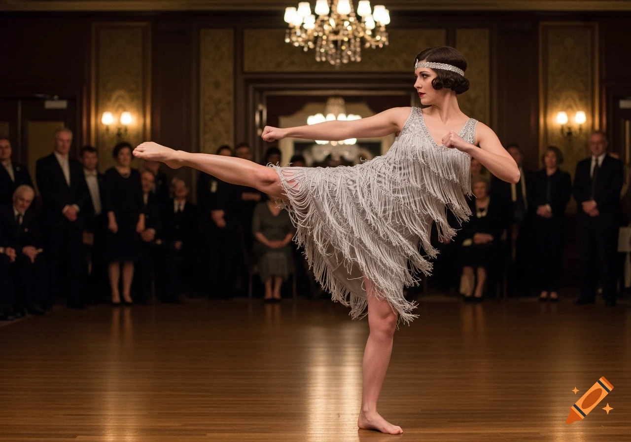 A woman in a fringed flapper dress performs a barefoot martial arts kick on a wooden dance floor in a grand hall.