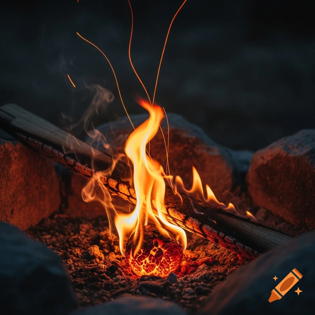 Close-up of bright orange flames rising from a glowing ember in a campfire, surrounded by wood and rocks, photorealistic.