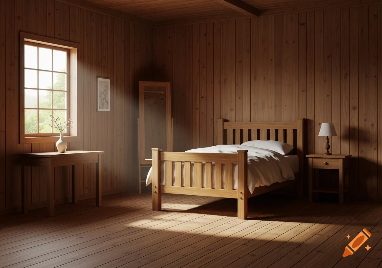 A rustic bedroom with wooden walls, floor, and furniture, including a bed, nightstand with a lamp, and a table by a window, bathed in sunlight.