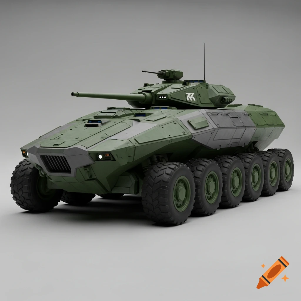 A front and side view of a futuristic military tank-like vehicle with ten wheels per side, colored deep green and medium dark gray, on a light gray background.