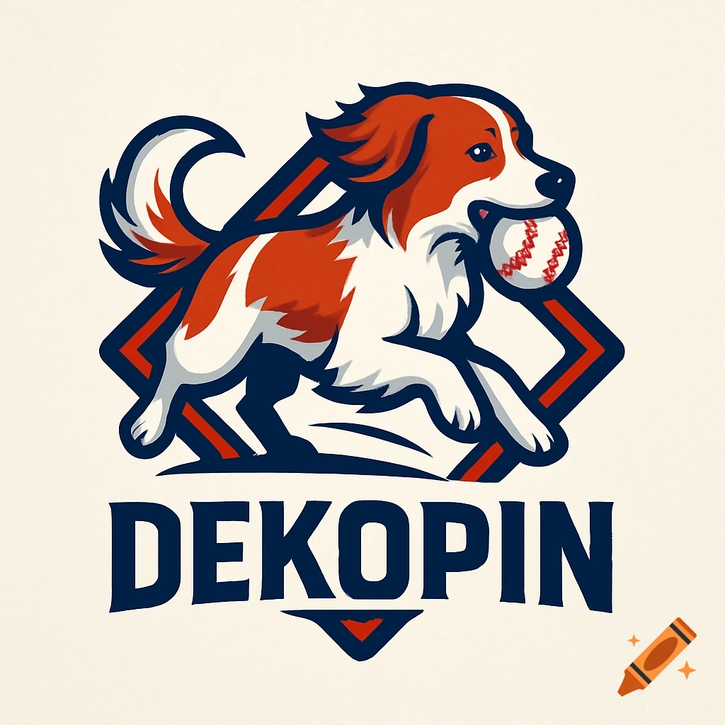 Vector logo of a running reddish-brown and white dog holding a baseball, with the word DEKOPIN below.