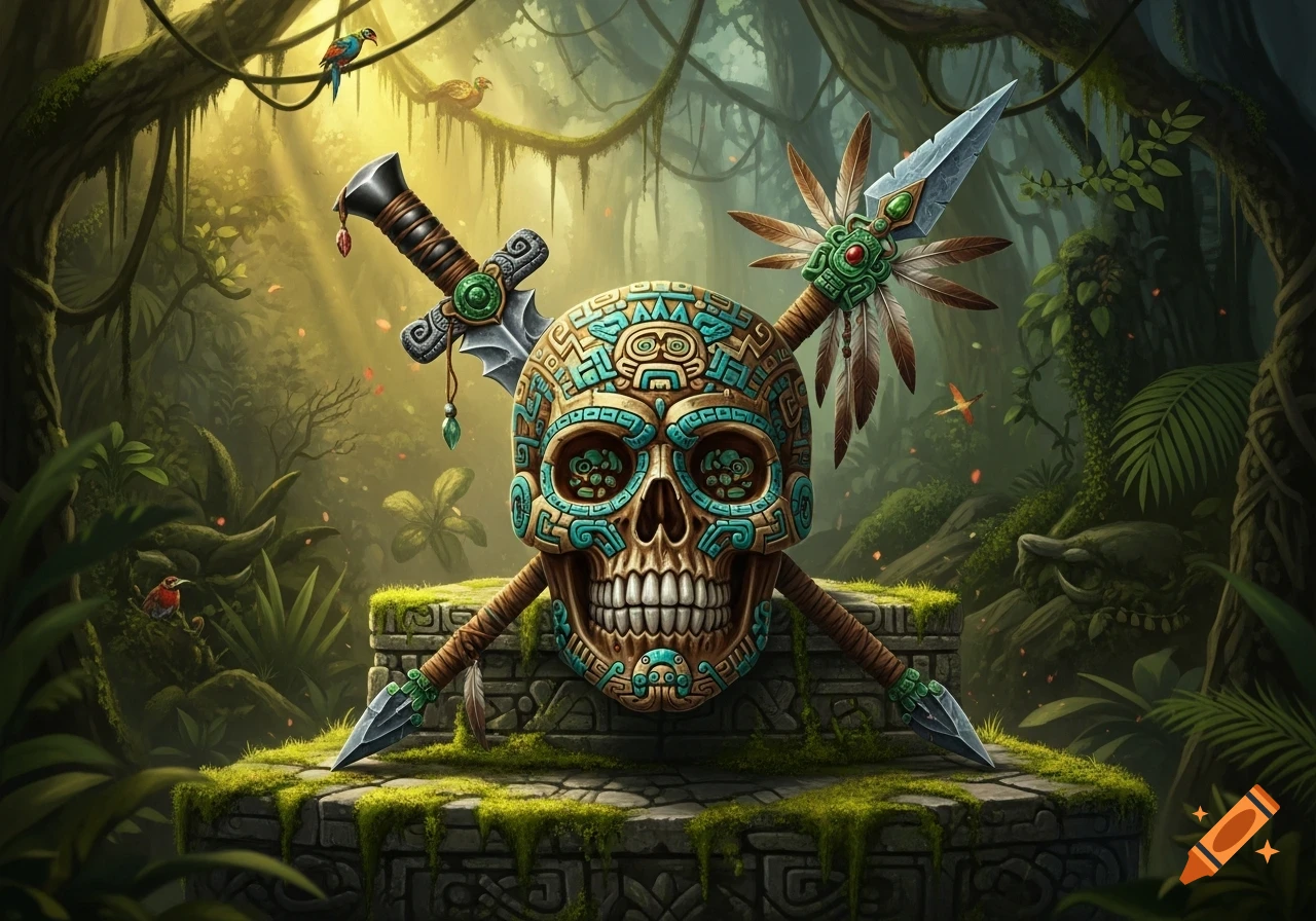 Decorative Aztec-style skull with turquoise patterns, pierced by a sword and spear, resting on a mossy stone in a sunlit jungle.