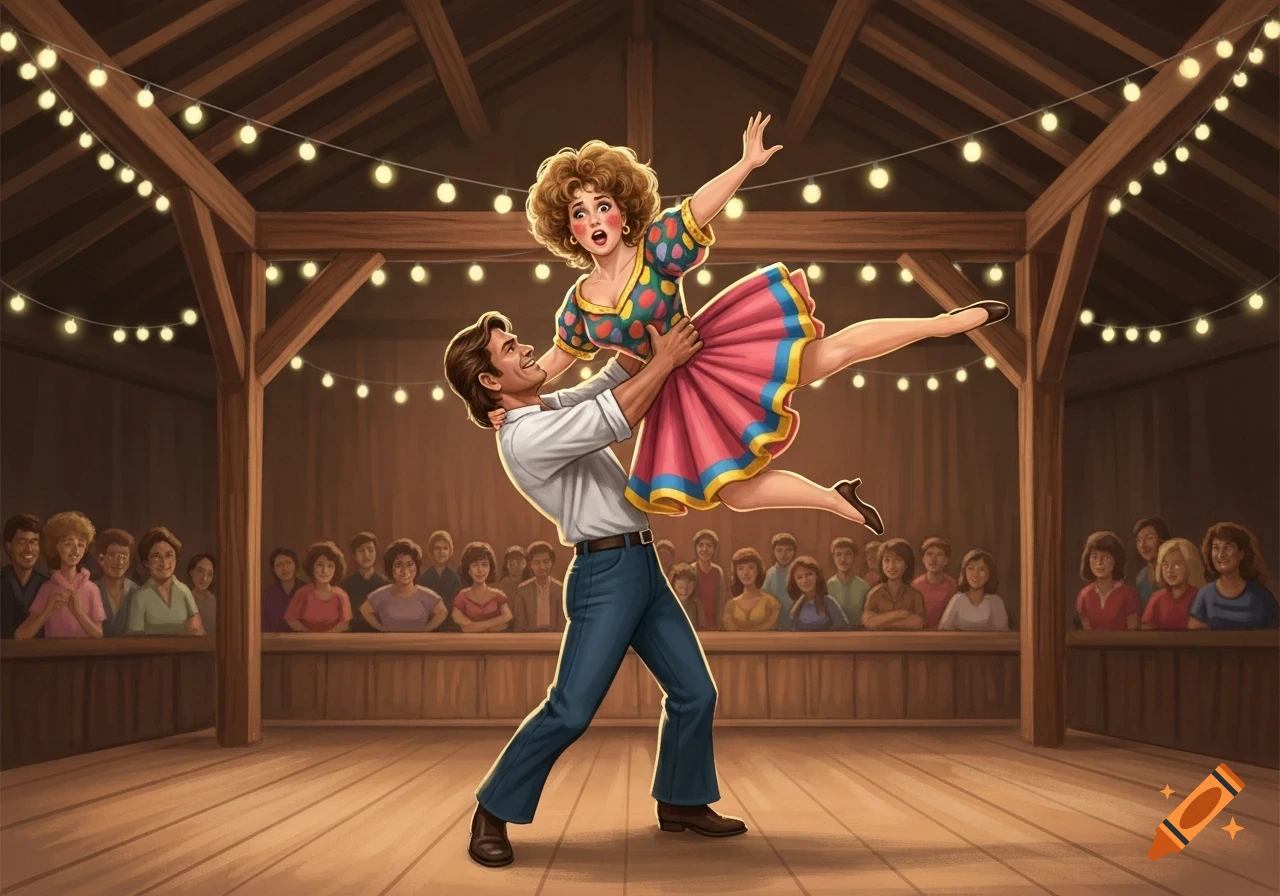 A man in a white shirt and blue jeans lifts a woman in a colorful dress during a dance in a wooden barn with string lights, watched by a crowd.